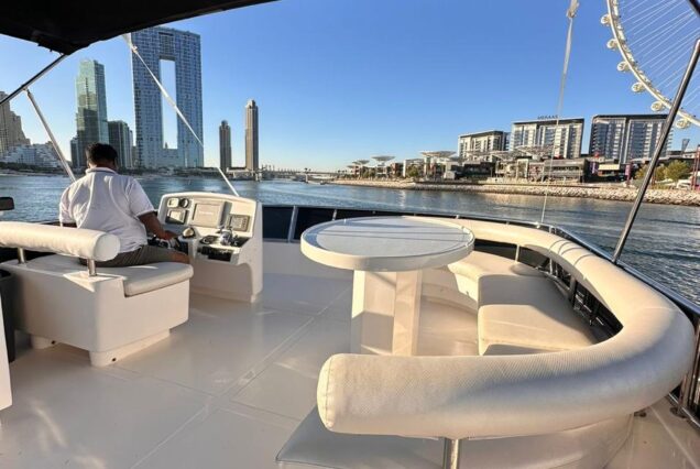 82ft Duretti with Jacuzzi (Refitted 2025) upper deck lounge with table Dubai Marina sunset cruise