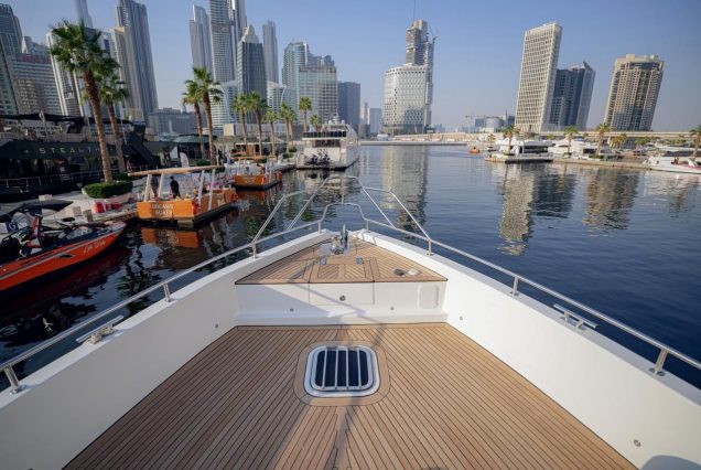 Duretti 80ft (New Brand 2025) Miami bow seating area with scenic waterfront views