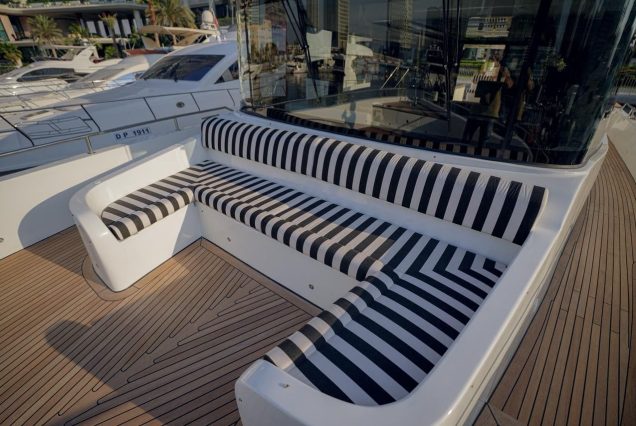 Duretti 80ft (New Brand 2025) Miami bow seating area with scenic waterfront views