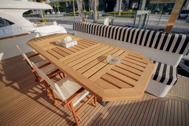 Duretti 80ft (New Brand 2025) Miami boarding area with easy access to all decks and large table for gathering