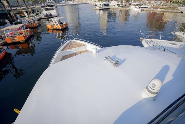 Duretti 80ft (New Brand 2025) Miami bow seating area with scenic waterfront views