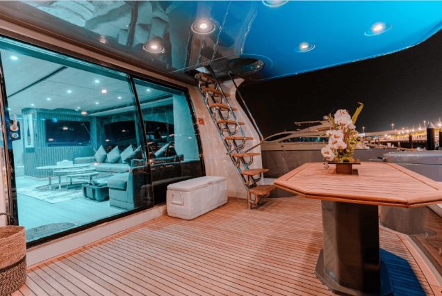 ARABELLA 88ft Yacht Dubai grand boarding entrance with smooth access to all entertainment areas with seating area