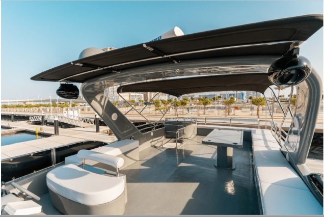 ARABELLA 88ft Yacht Dubai upper deck seating with table for dining, drinks, and celebrations