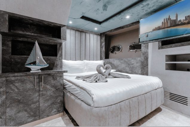 ARABELLA 88ft Yacht Dubai spacious master bedroom designed for ultimate comfort and relaxation at sea