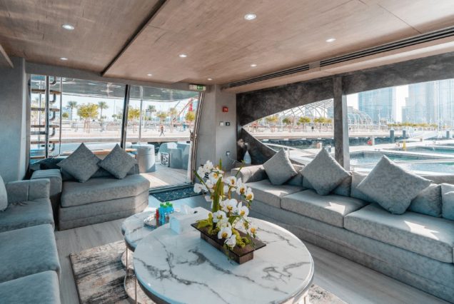 ARABELLA 88ft Yacht Dubai sophisticated indoor salon with plush seating and elegant décor