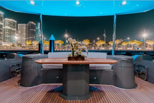 ARABELLA 88ft Yacht Dubai grand boarding entrance with smooth access to all entertainment areas with seating area