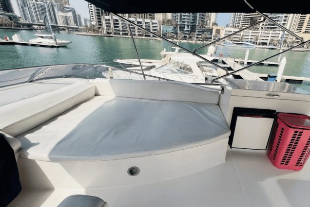 Majesty 48ft Yacht Dubai open flybridge seating area perfect for sightseeing and enjoying the sea breeze