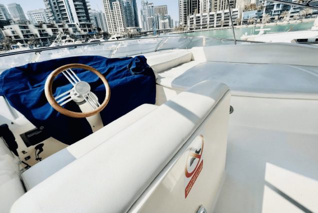 Majesty 48ft Yacht Dubai open flybridge seating area perfect for sightseeing and enjoying the sea breeze