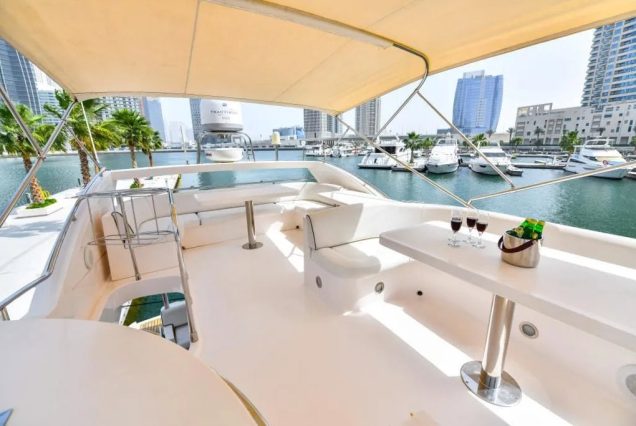 56ft Royal Deluxe Dubai open flybridge lounge perfect for entertaining and social cruising
