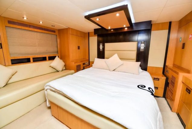 56ft Royal Deluxe Dubai guest cabin with elegant interiors and comfortable sleeping accommodations