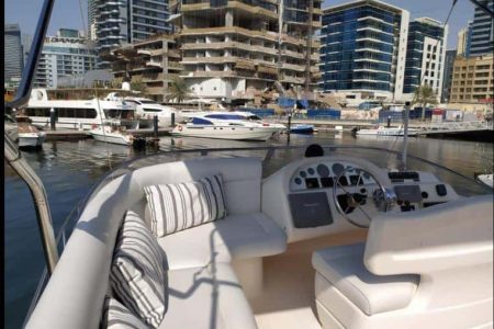 45ft Al SHAALI yacht flybridge lounge Dubai Marina sunset cruise