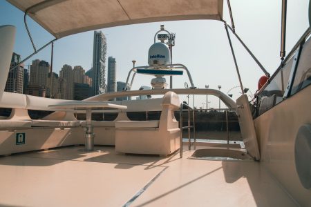60ft Princess Yacht flybridge lounge Dubai Marina sunset cruise