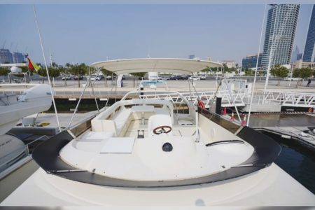 60ft Princess Yacht flybridge lounge Dubai Marina sunset cruise