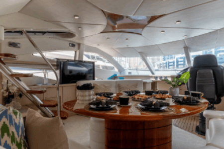 64ft Luxurious Sunseeker salon lounge with table Dubai Marina rental