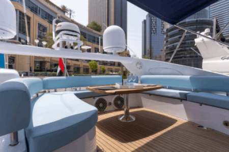 64ft Luxurious Sunseeker flybridge lounge with table Dubai Marina sunset cruise